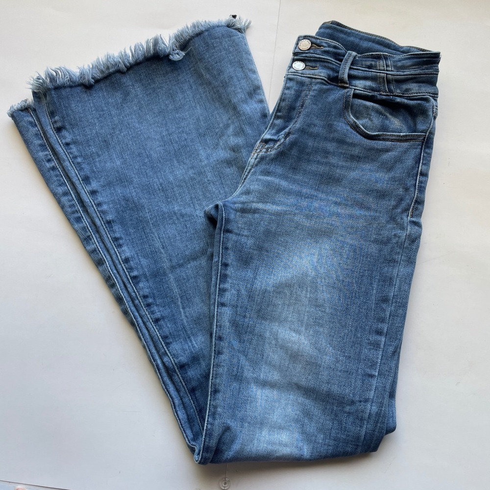 Kancan High Rise Super Flare Jeans Womens Size 27 Frayed Hem Medium Wash Retro - Picture 8 of 11